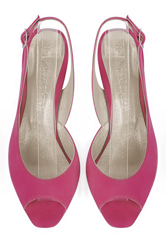 Hot pink women's slingback sandals. Square toe. Medium comma heels. Top view - Florence KOOIJMAN